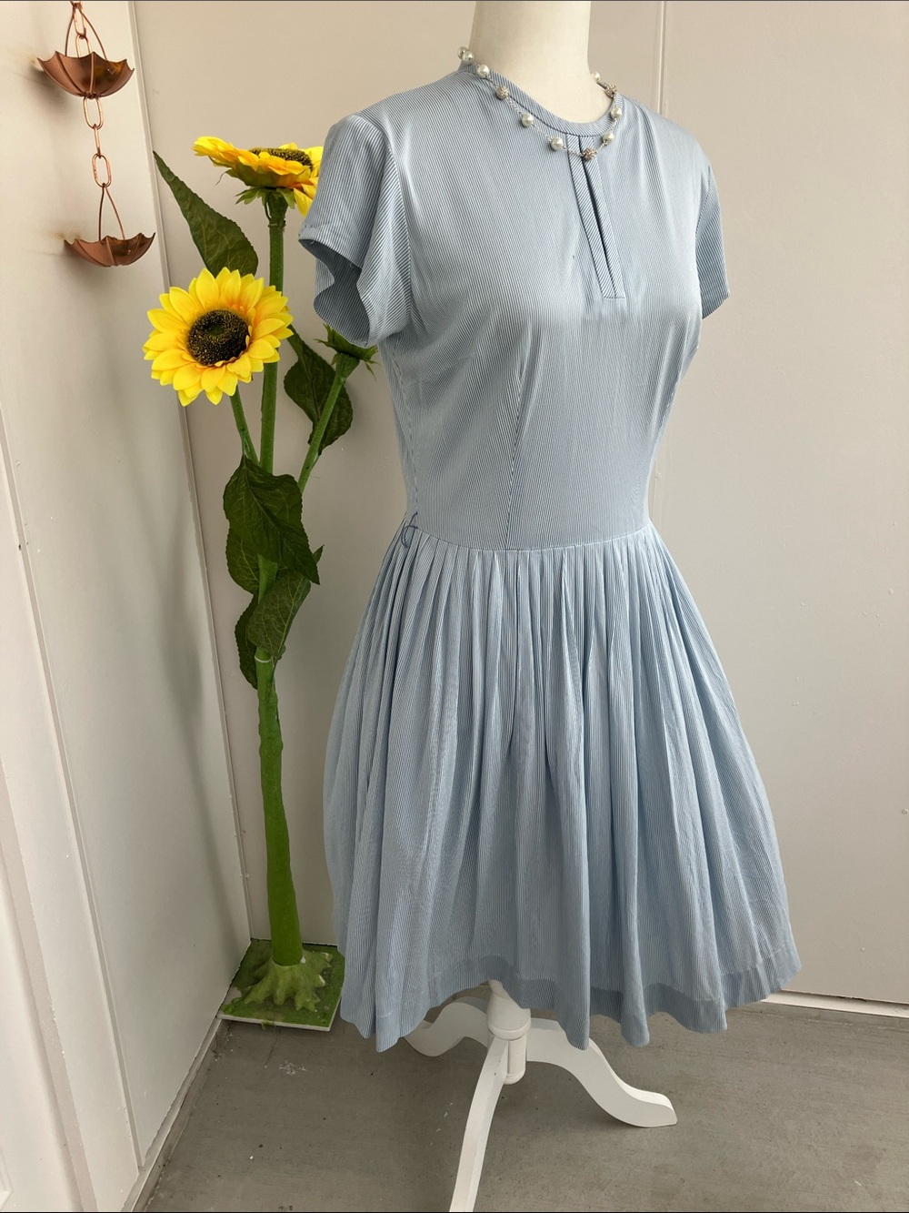 Vintage 60s Short Sleeve Lightweight Blue & White Pleated Pinstripe Midi Dress